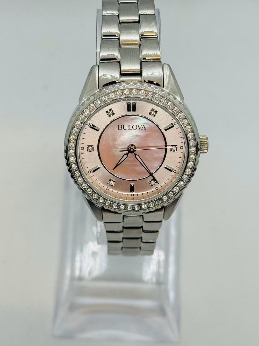 Bulova Women’s Quartz Watch Pink Mother of Pearl Crystal Bezel New Battery Runs